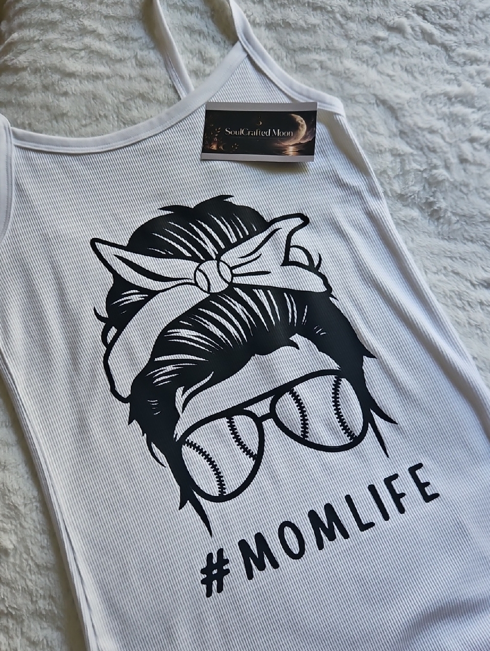 No Boundaries White Tank Top with Black #MOMLIFE Graphic
